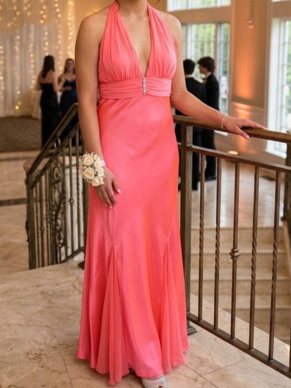 Morgan & Co Y2K Coral Pink Halter Dress Ruched Empire Waist Formal Evening Gown